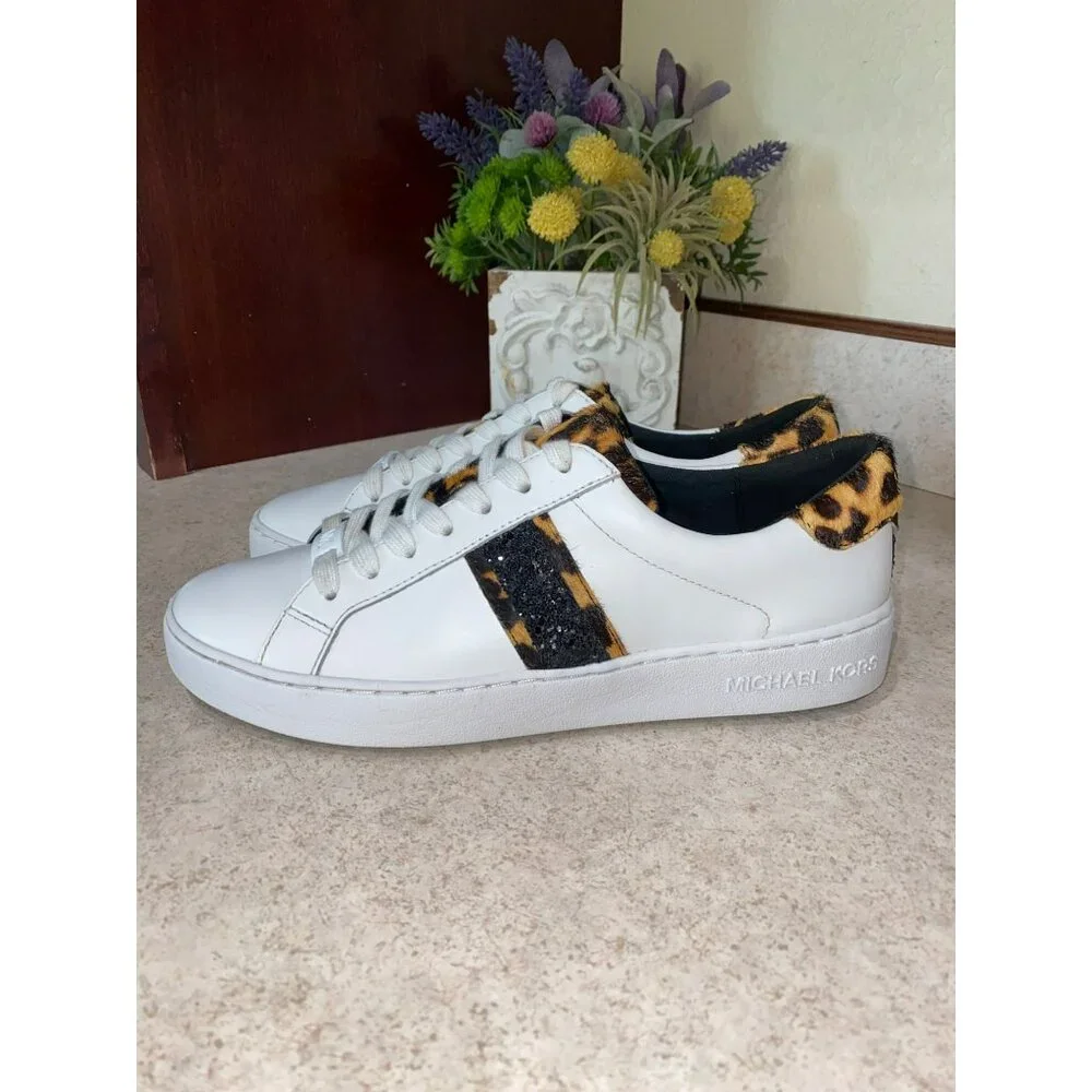 Michael Kors Irving Leopard Print Calf Hair and Leather Stripe Sneaker Size 7 gl